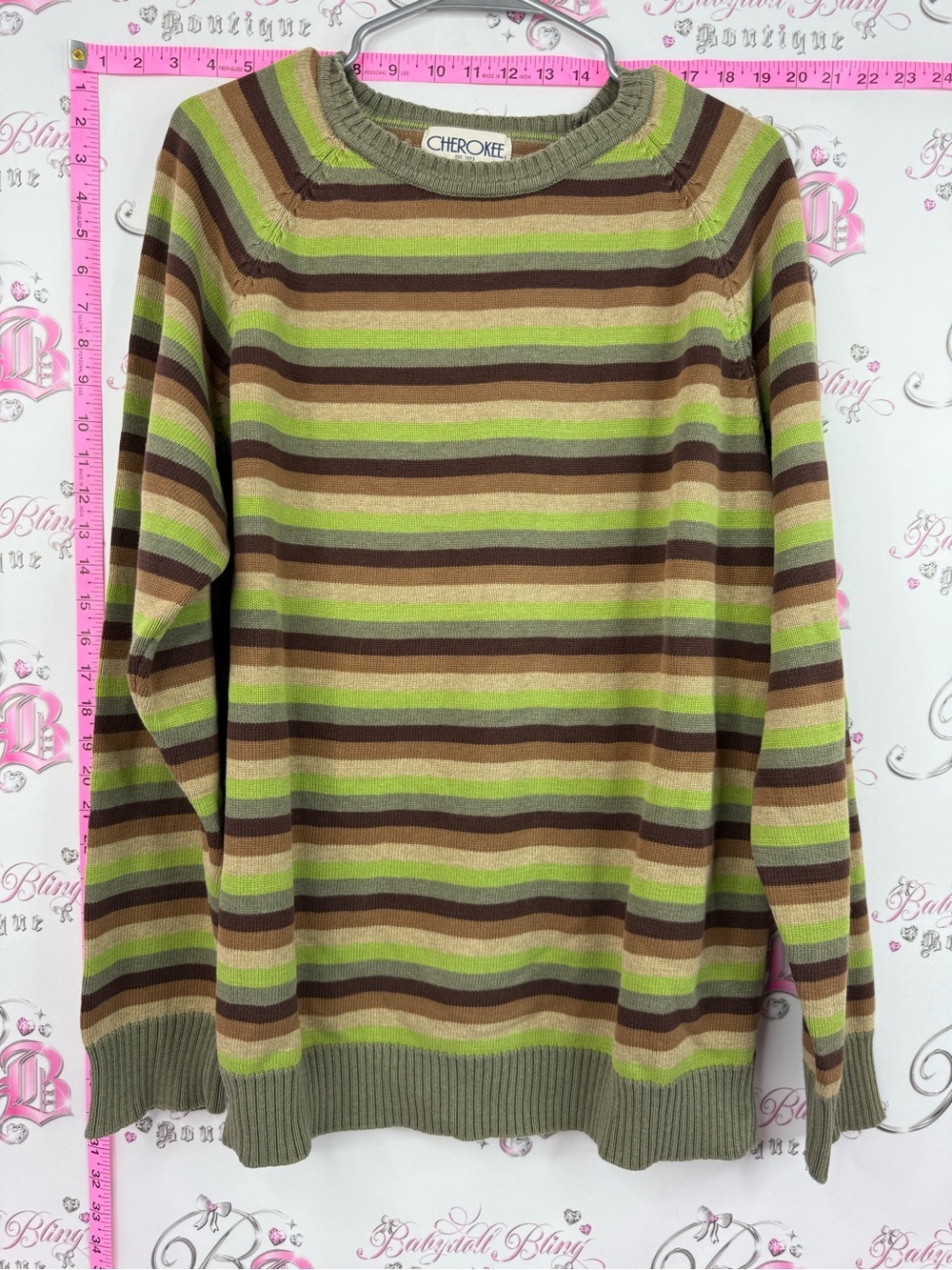 Cherokee sweater vintage y2k Striped Crewneck Sweater in Green, Brown, Tan